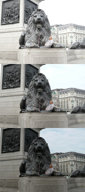 three exposures of sleeping chinese in Trafalgar lion lap